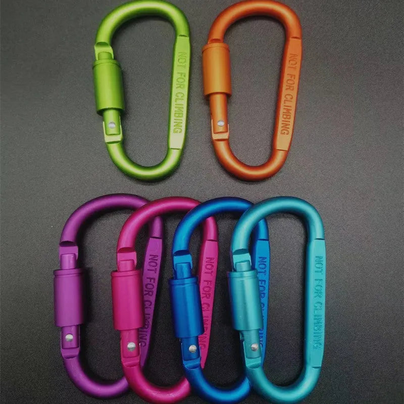 Silver D-shaped aluminium locking carabiner on a grey background.