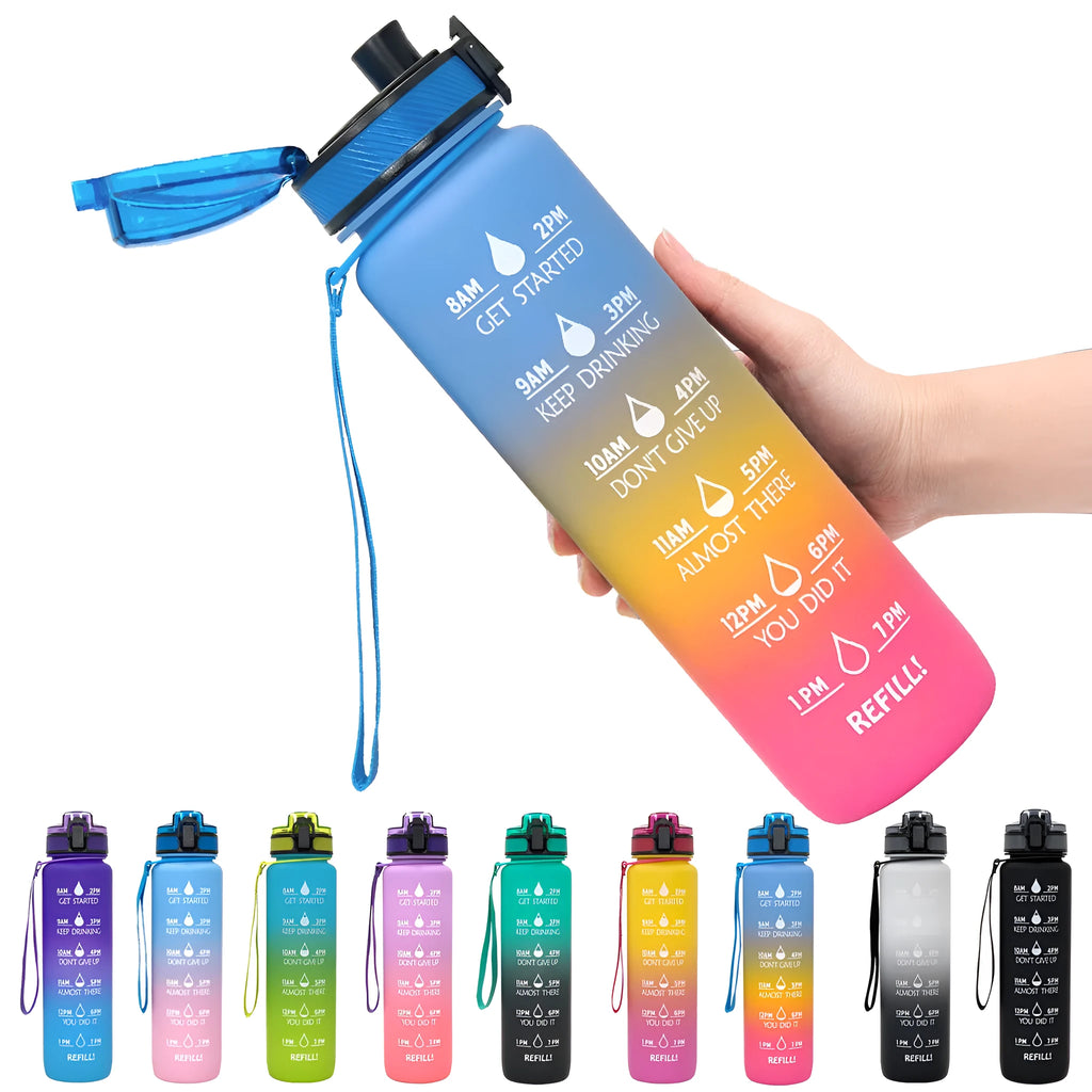 Blue and red gradient 1-litre Tritan sports water bottle with time markers, flip-top lid, and wrist strap.