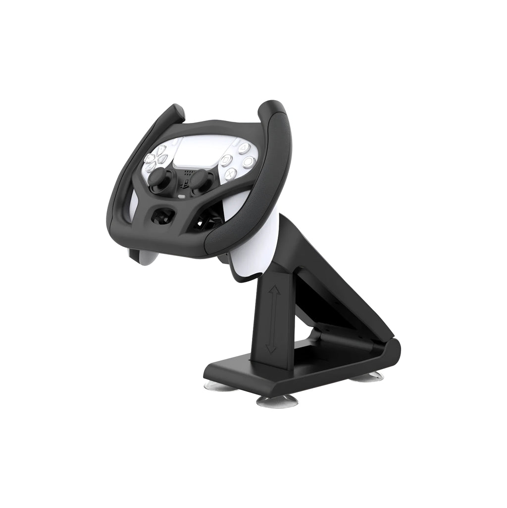Black ABS plastic gamepad steering wheel bracket with suction cup, holding a smartphone.