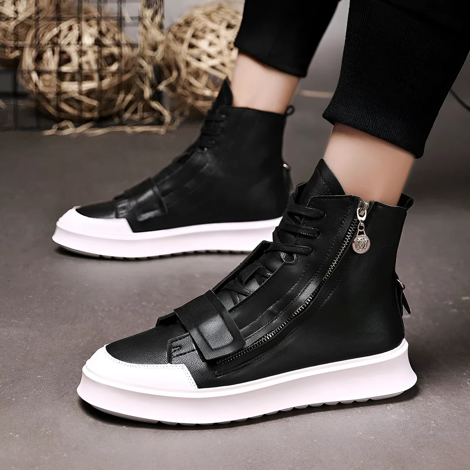 Men's black and white high-top ankle boots in PU leather microfiber for winter.