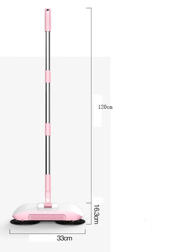 Pink hand push sweeper all-in-one broom dustpan mop with 360-degree brush on tile floor