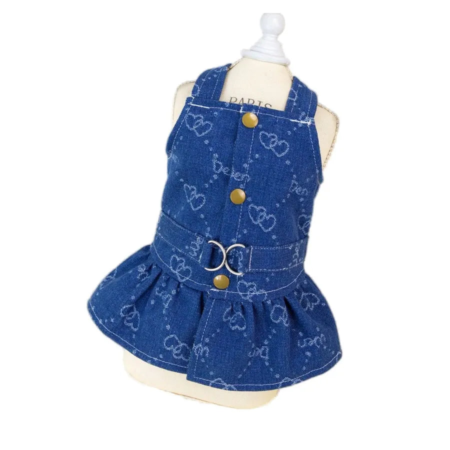 Denim princess dress for small dog showing bracket skirt style in blue denim fabric