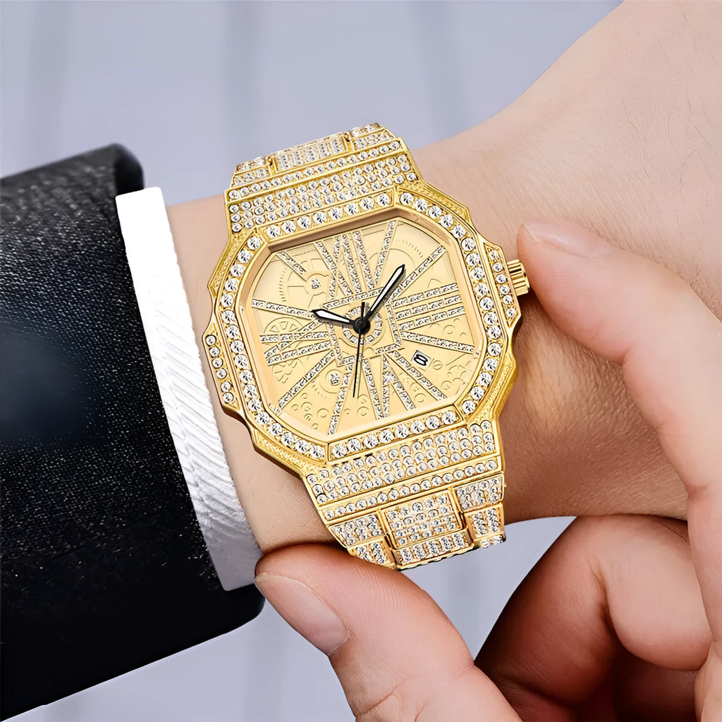 Full diamond square water diamond watch with alloy band and 46mm dial in gold finish