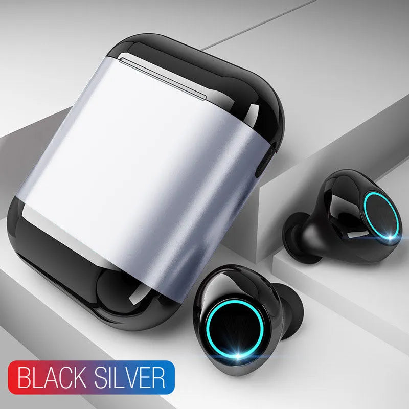 Bluetooth TWS wireless earphones in black, gold and light grey colours showing compact in-ear design