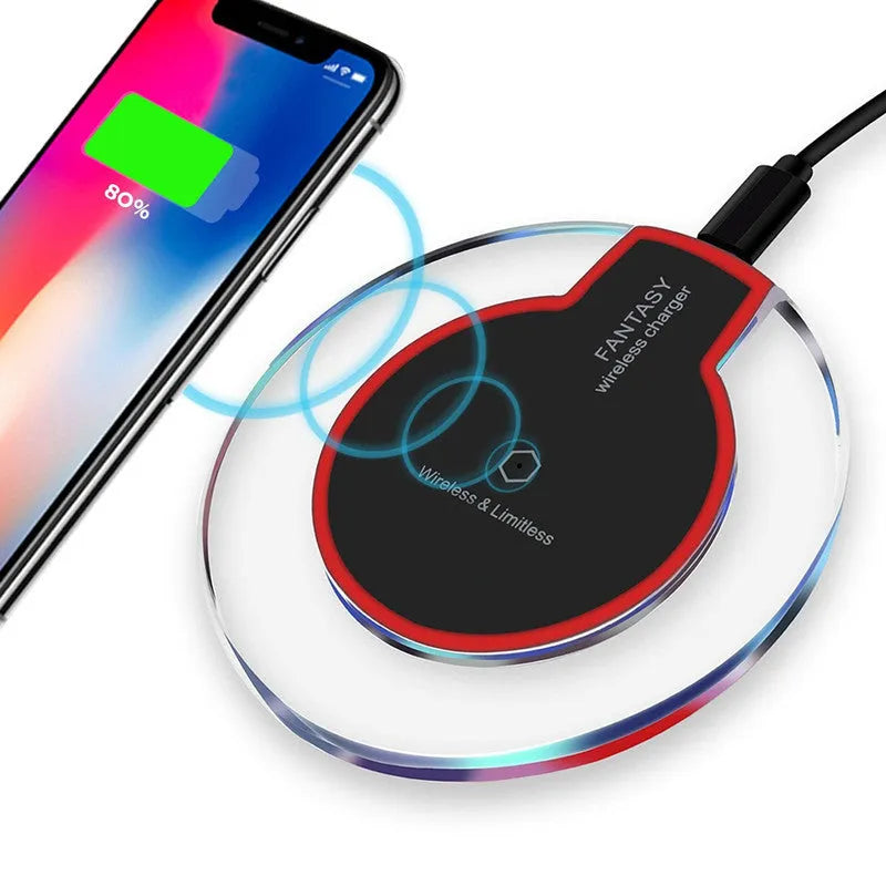 Black wireless charging pad compatible with Samsung Galaxy and iPhone smartphones