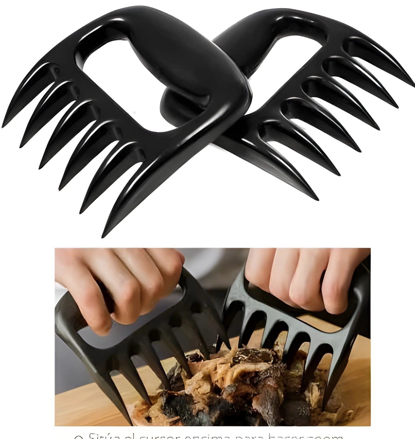 Two black bear claw meat shredder forks for pulling pork and BBQ preparation.