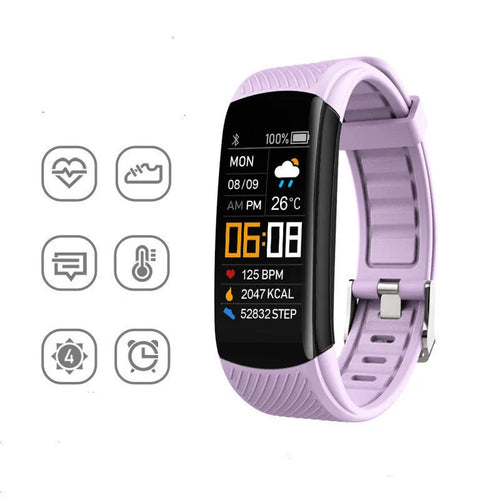 Adult sports silicone pedometer bracelet smart band with touchscreen on a wrist.