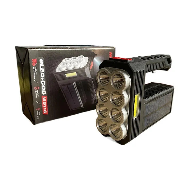 Solar rechargeable USB LED flashlight with 8 heads and side light COB, aluminium alloy body, 225g, four brightness modes
