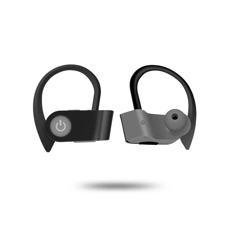 Black wireless Bluetooth earphones with ergonomic design and inline controls for V5.0 connectivity.