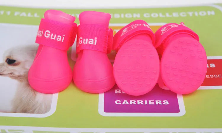 Soft rubber pet rain boots in royal blue, yellow, purple, rose red and black, sizes S M L