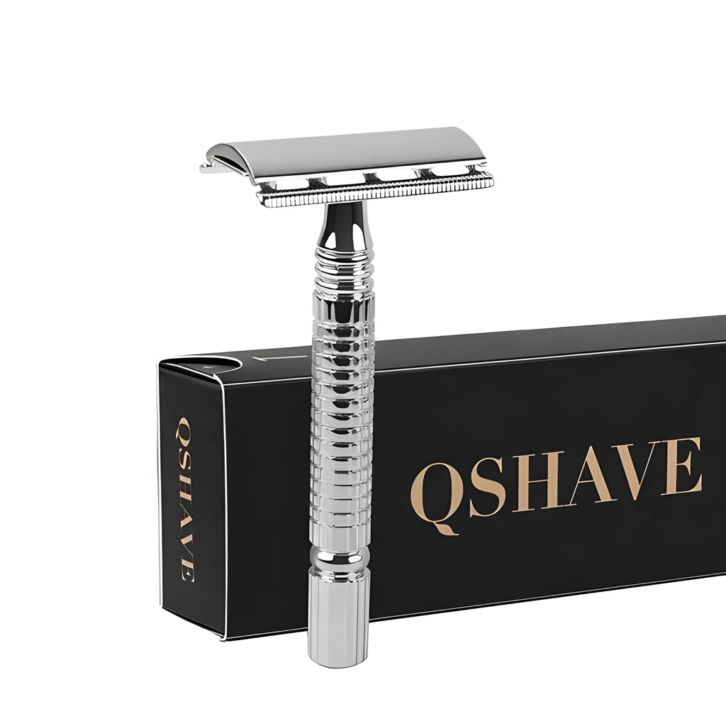 Double edged safety razor with stainless steel handle and metal storage box.