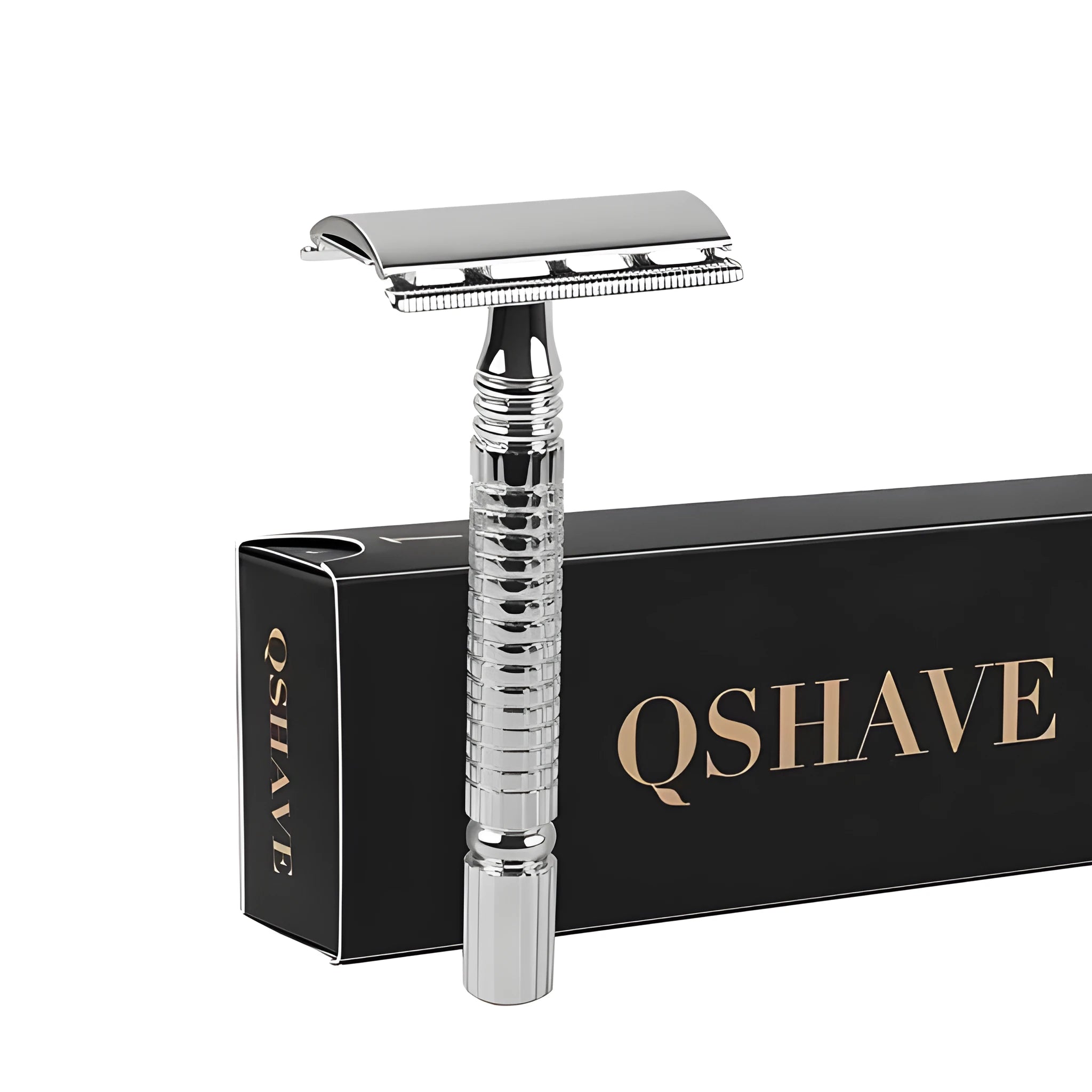Double edged safety razor with stainless steel handle and metal storage box.