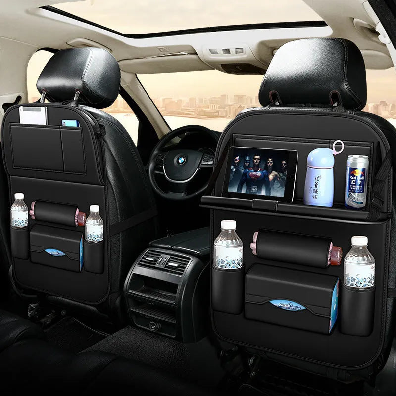 Hanging storage bag seat organiser in wear-resistant leather for car seat back with beige colour