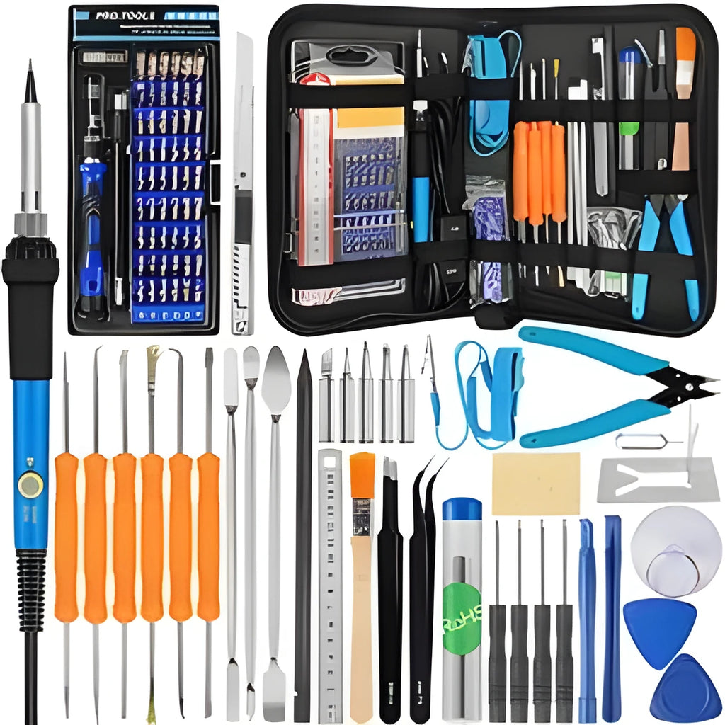 60-in-1 electronics repair toolkit with soldering iron, screwdriver bits, pry bars, and anti-static bracelet in backpack