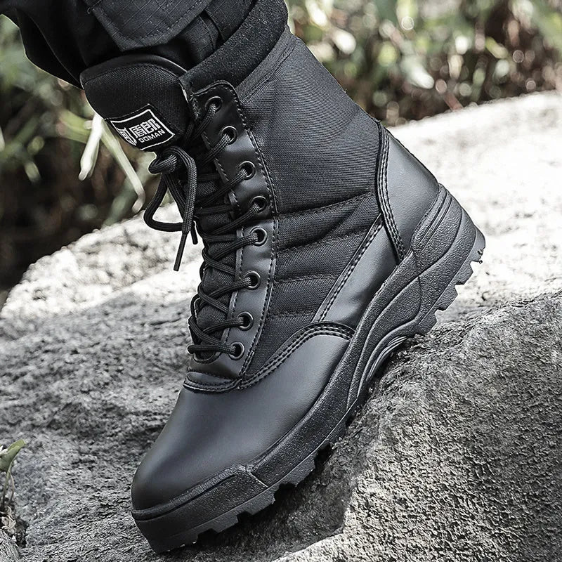 Desert combat boots in black and sand colours microfiber leather unisex outdoor footwear