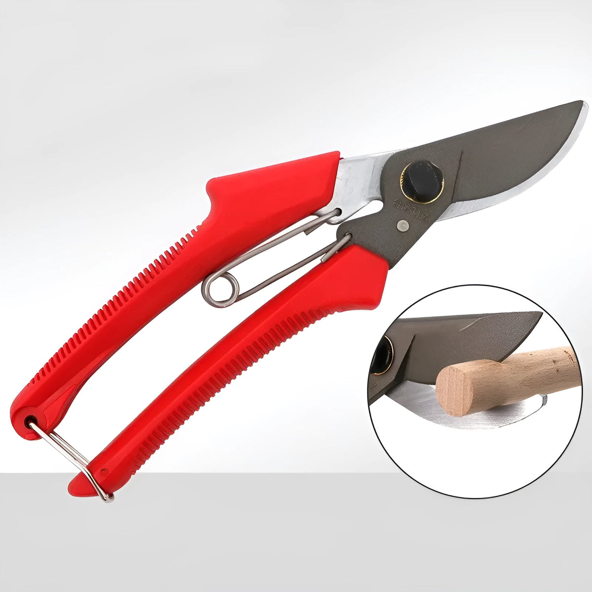Red handle pruning scissors with SK5 steel blade, 200mm total length, 50mm blade, 120mm handle, 45mm maximum opening