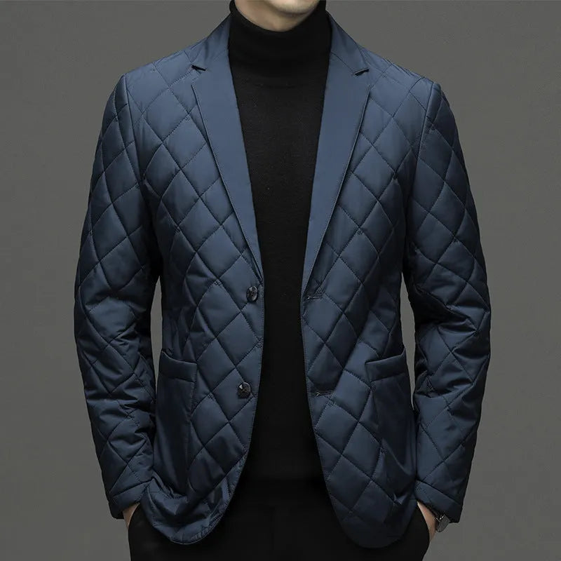 Men's solid colour thick down winter jacket with lapel and side pockets