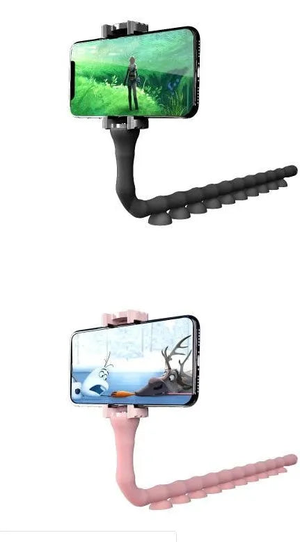 Black flexible rubber phone holder with suction cup bent into shape showing 62cm length
