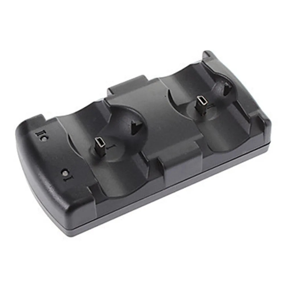 Black dual charging dock for PlayStation 3 controllers with USB cable connected
