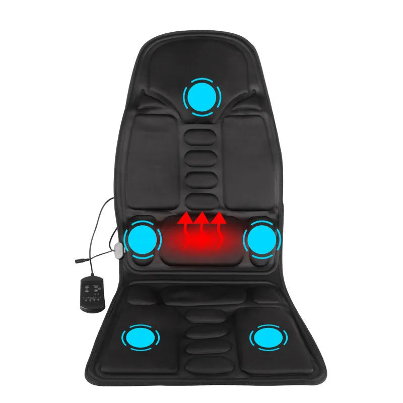 Car massage cushion with handheld remote, luxury fabric, rectangular trapezoid shape, 5 motors for neck, back, waist, and leg relief