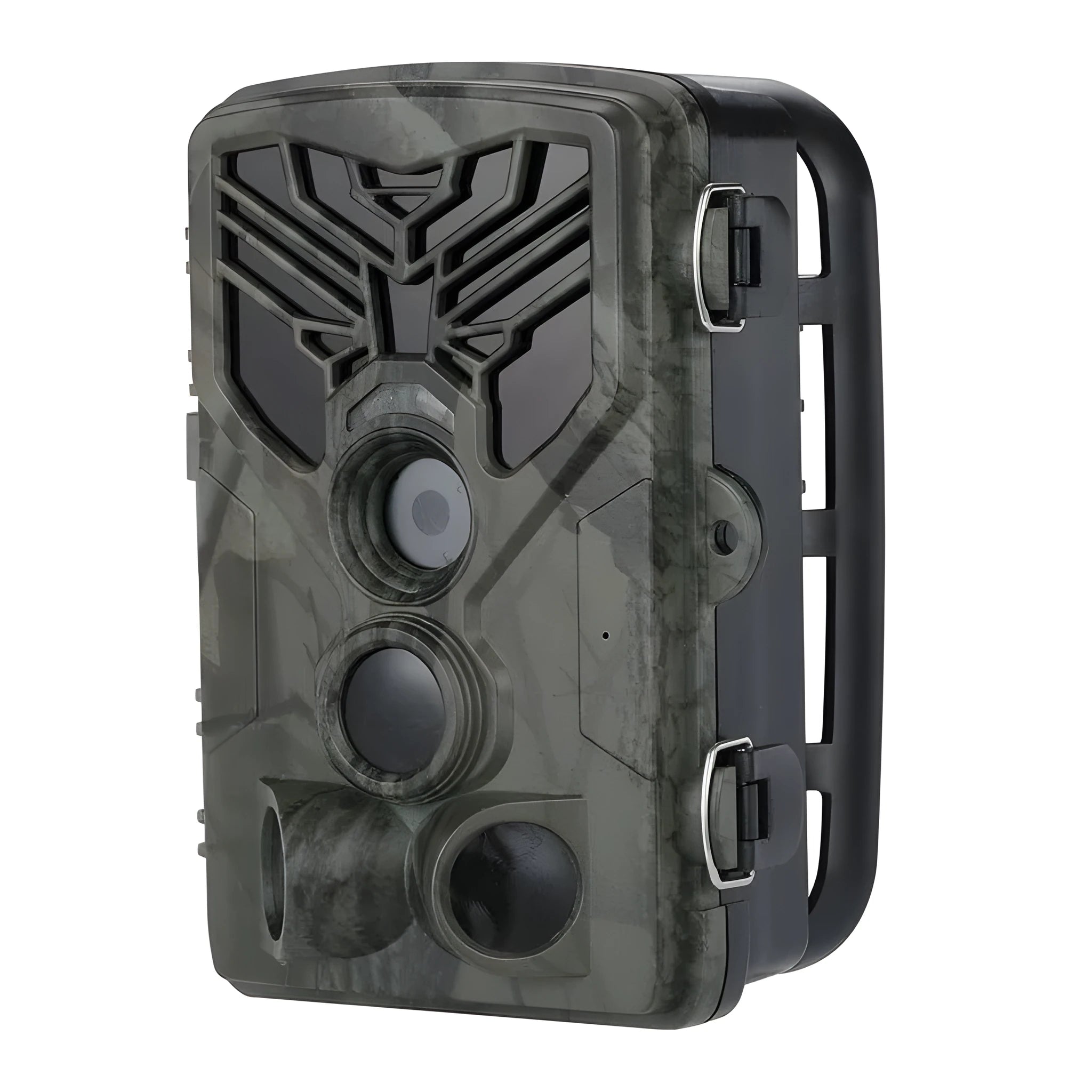 Wifi830 wireless trail camera with camouflage design on tree branch, showing compact size and infrared LEDs.