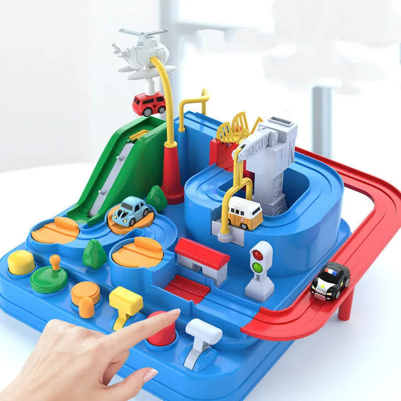 Big adventure parking lot rail car track toy set with plastic cars and handle control