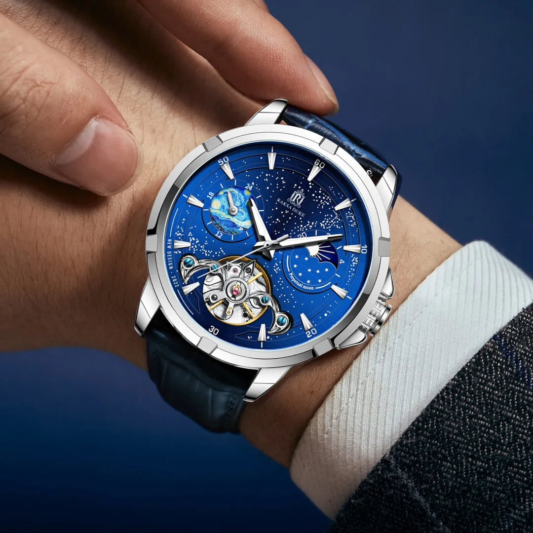 Men's blue dial automatic mechanical watch with day-date window and stainless steel case.