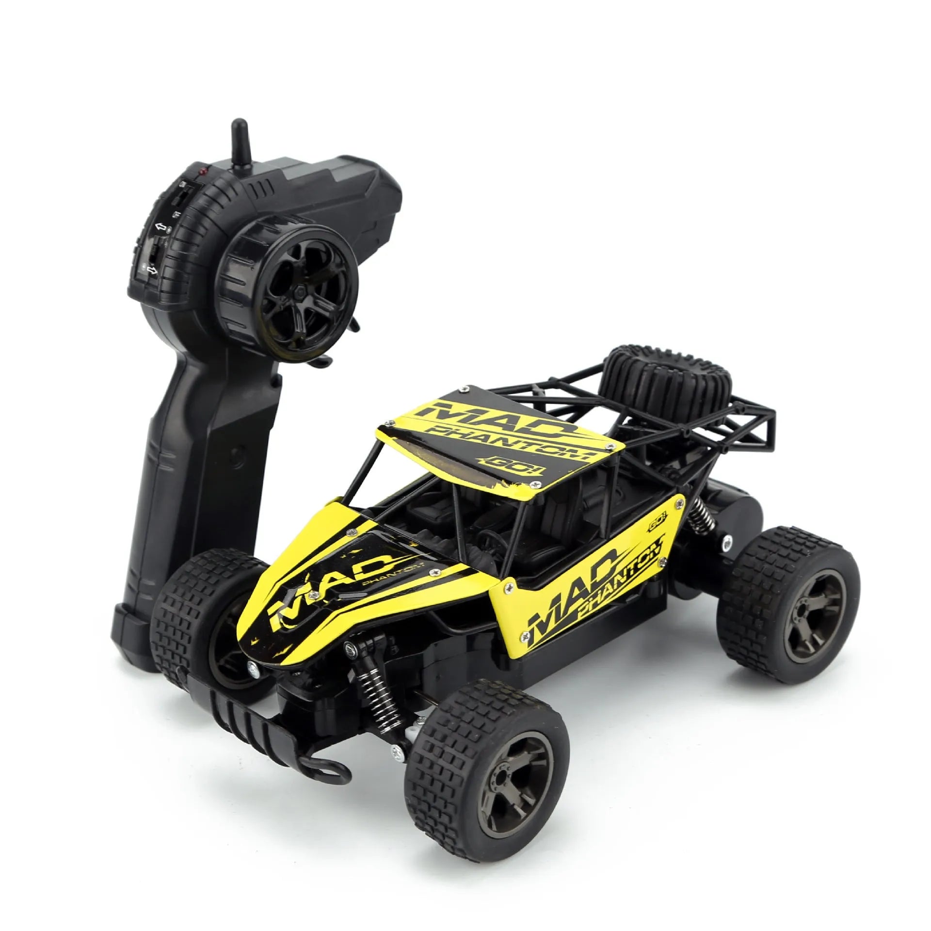 Blue 1:18 scale remote control off-road drift car with 2.4Ghz transmitter on a flat surface.
