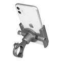 Black aluminium alloy bicycle phone holder mounted on a handlebar with a mobile phone.