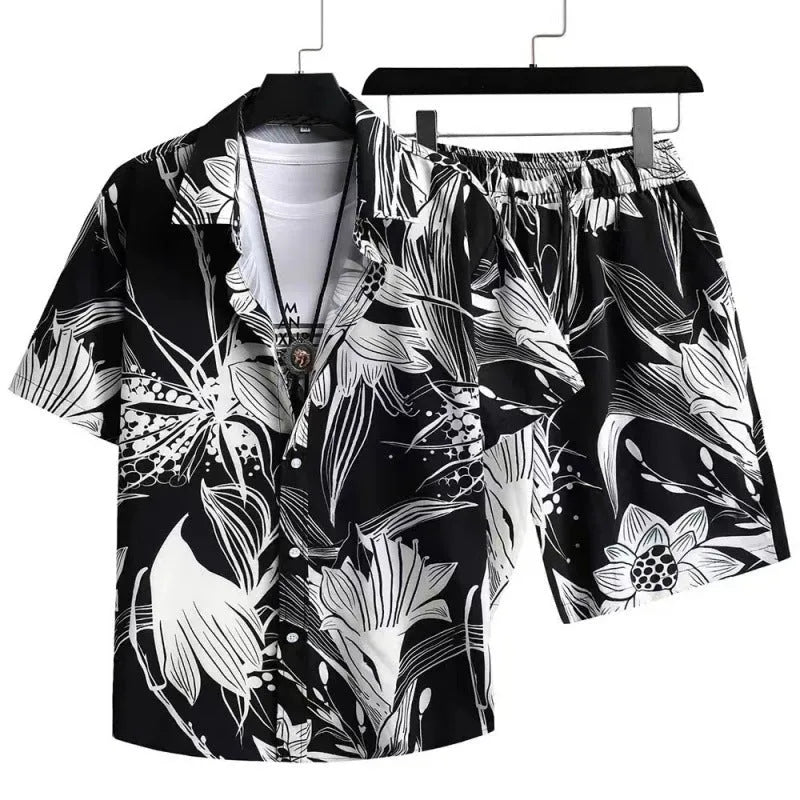 Men's short sleeve cardigan and matching shorts suit in a digital printed pattern.