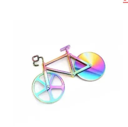 Bicycle shaped pizza cutter with stainless steel blade and ABS handle on white background