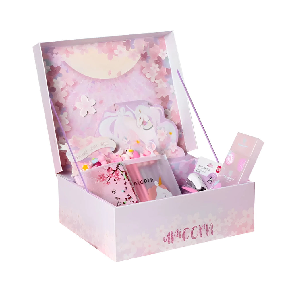 Stationery gift set showing notebooks, pens, correction tape, file bag, and accessories in 29-piece and 31-piece options.