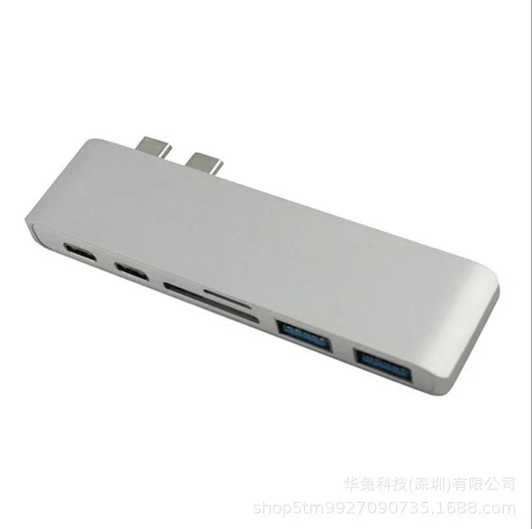 USB-C hub 109x33x10mm with dual Type-C, two USB 3.0 ports, SD and Micro SD slots, grey or silver