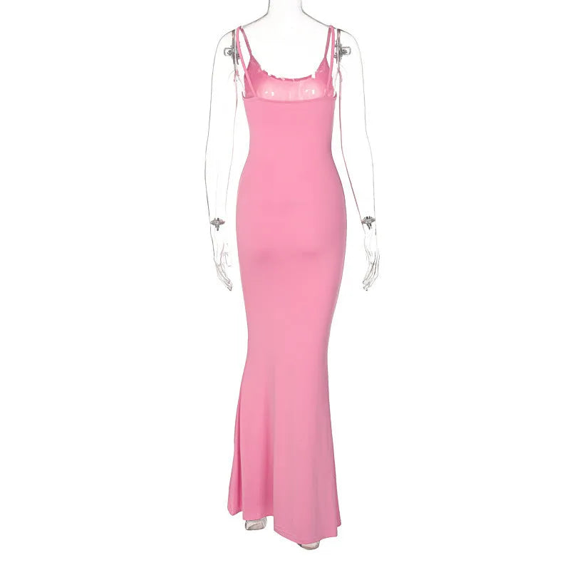 Spaghetti strap long bodycon dress for women, solid colour, high waist A-line skirt, available in pink