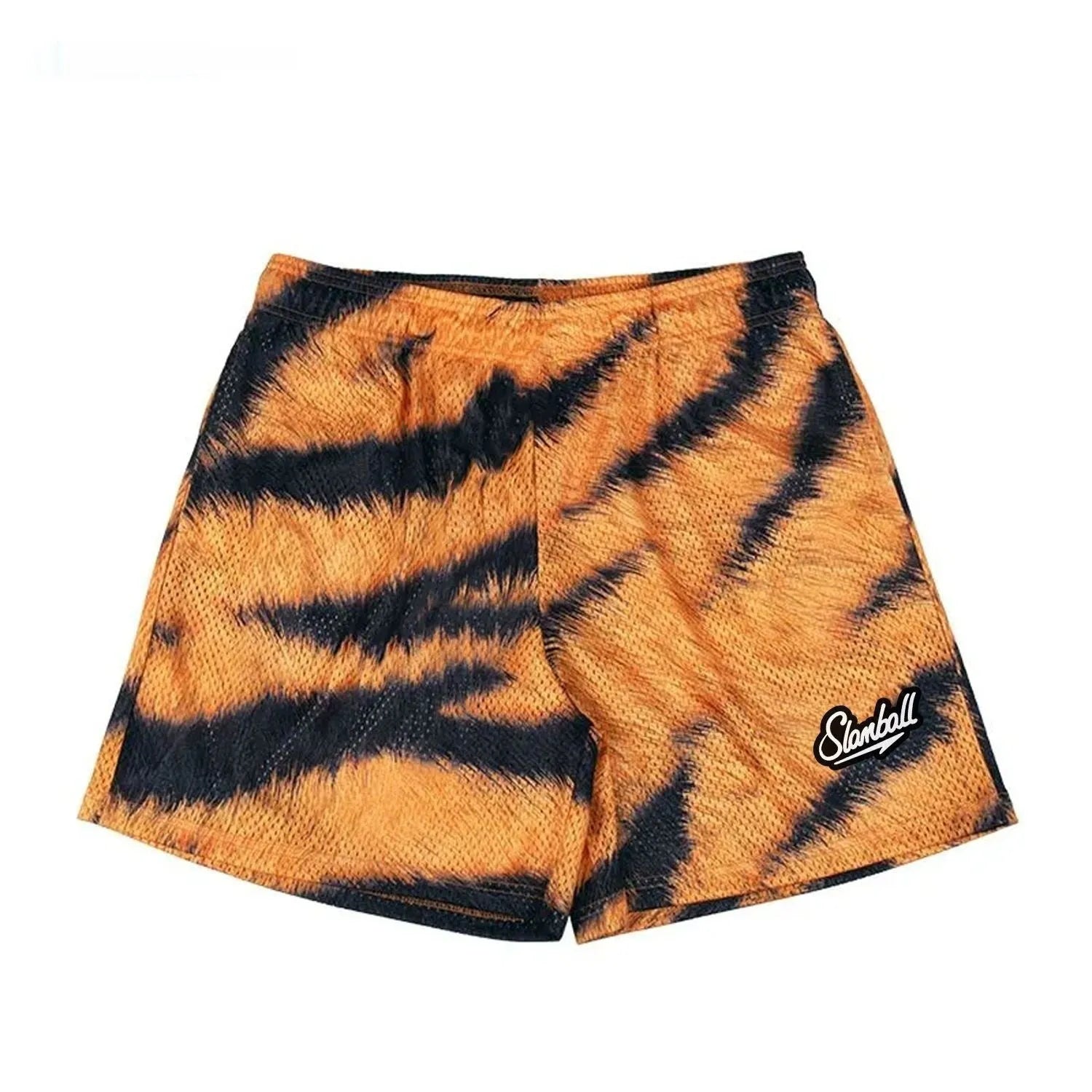 Men's leopard print quick-dry fitness shorts with mid waist and shorts length.