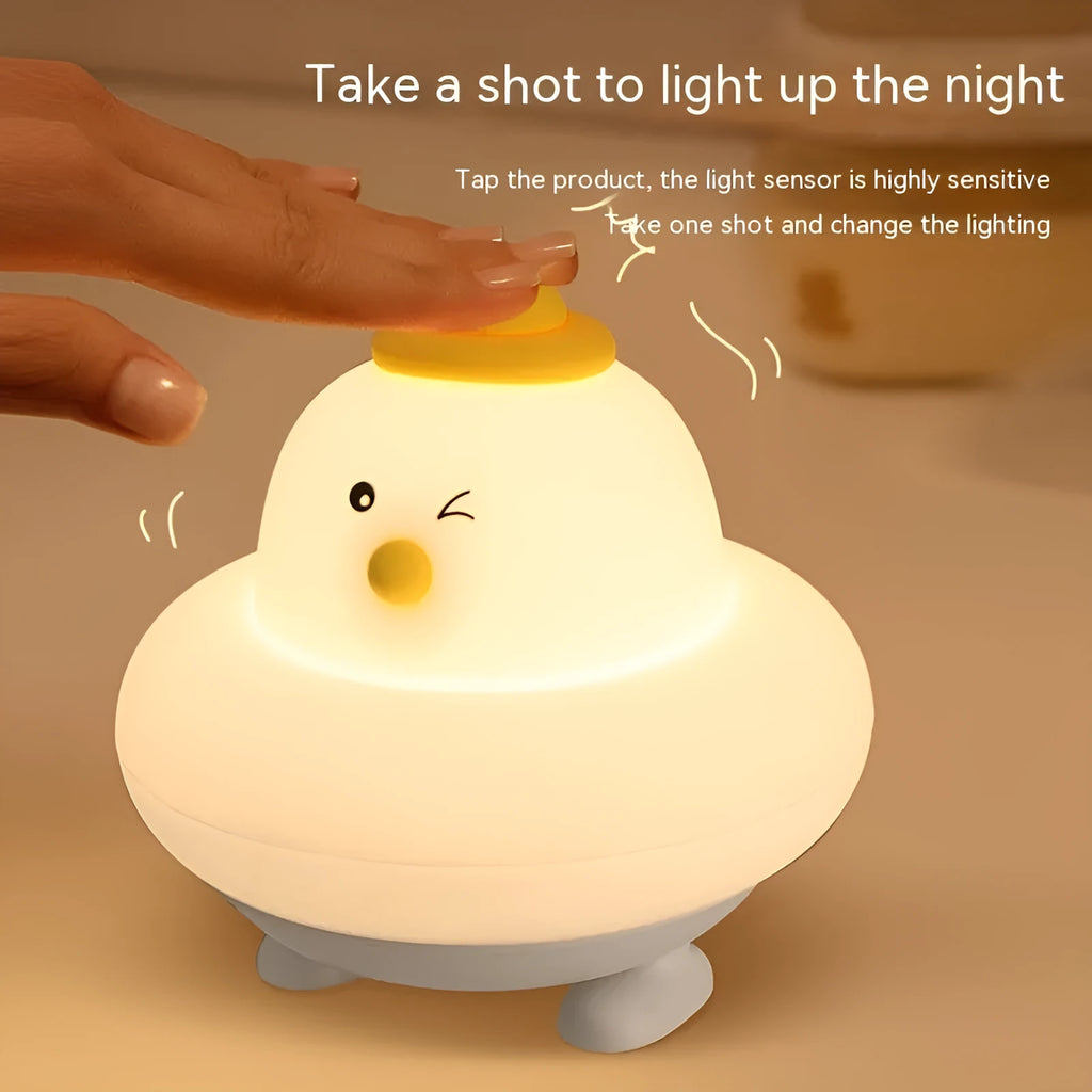 Soft silicone LED night lamp with blue duck design, 500mAh rechargeable battery, and USB charging cable
