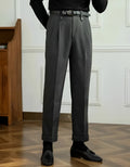 Grey women's straight leg high-waist casual trousers with elasticated waistband and side pockets
