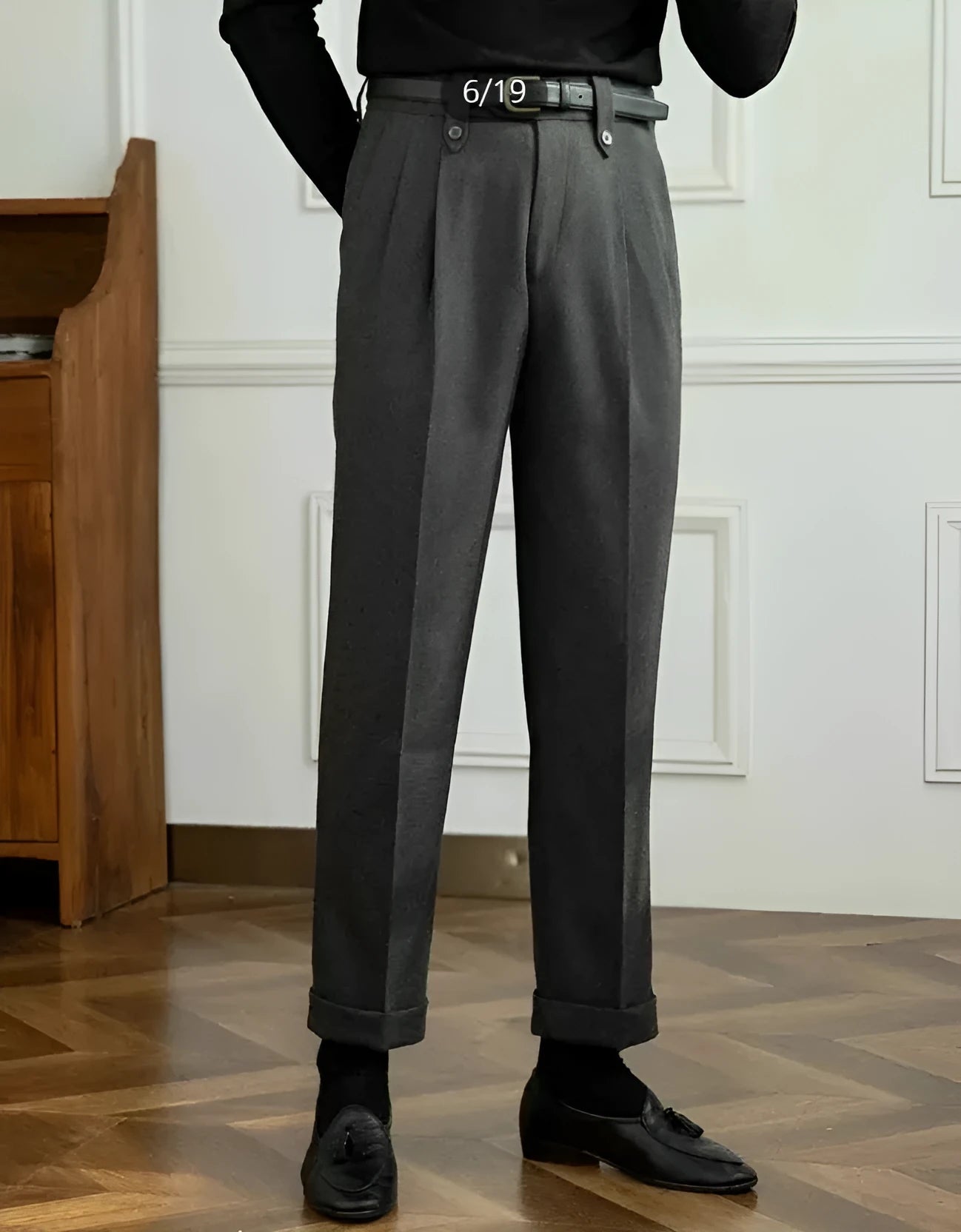 Grey women's straight leg high-waist casual trousers with elasticated waistband and side pockets