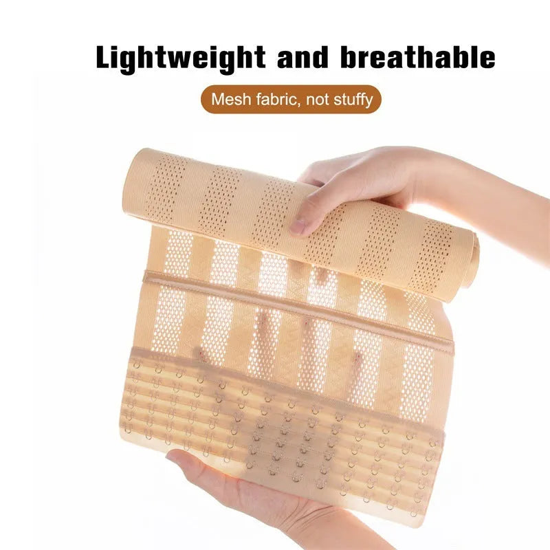 Nylon belly band with double-layer reinforcement and drawstring, available in 23cm or 27cm width, black or apricot.