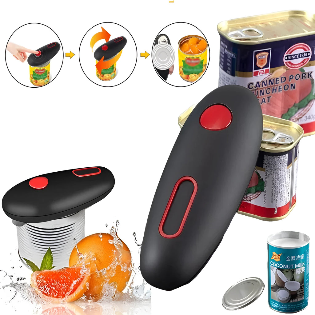 Black electric can opener with one-touch operation for battery-powered kitchen use