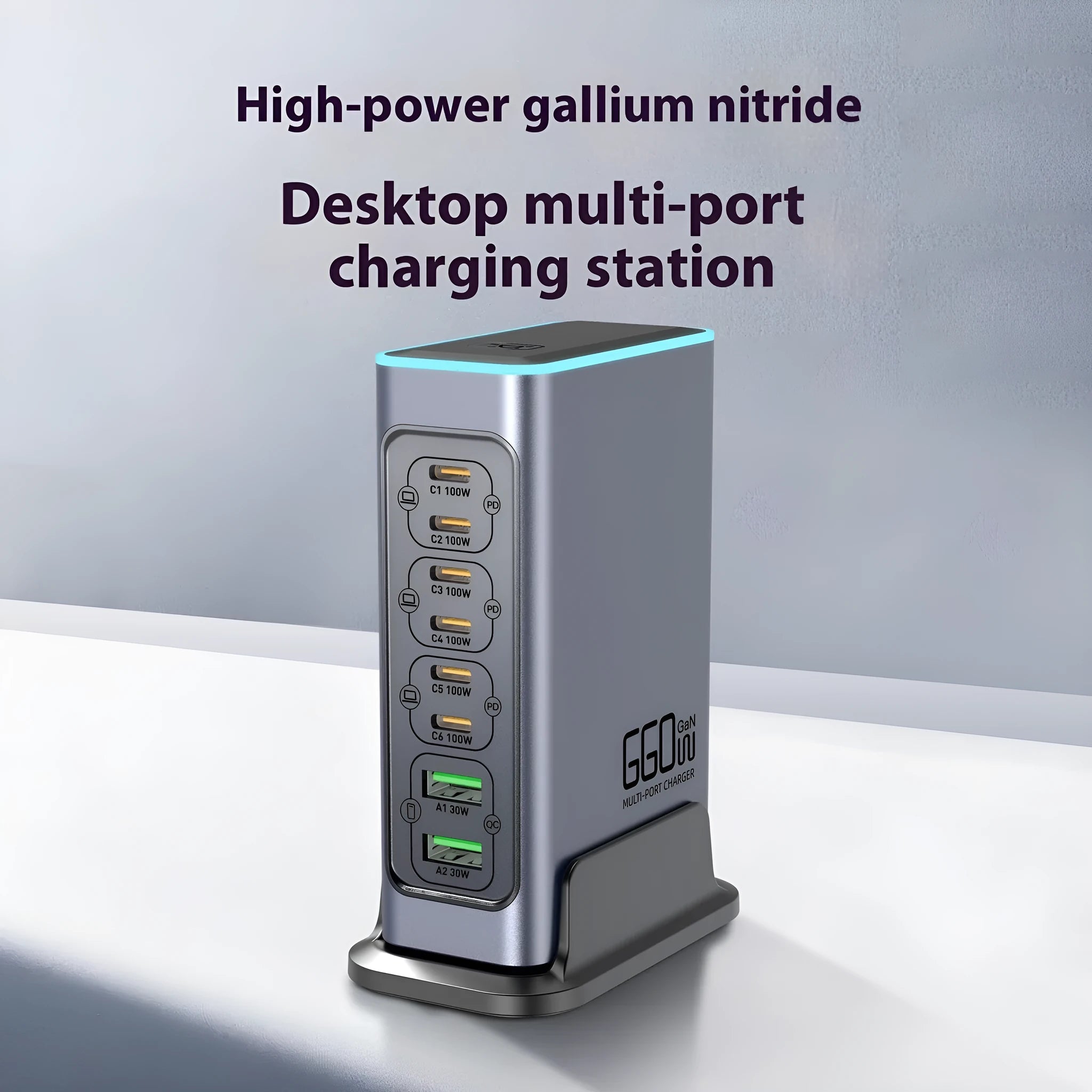 Black 660W Gallium Nitride desktop fast charger with multiple ports and international plug adapters.
