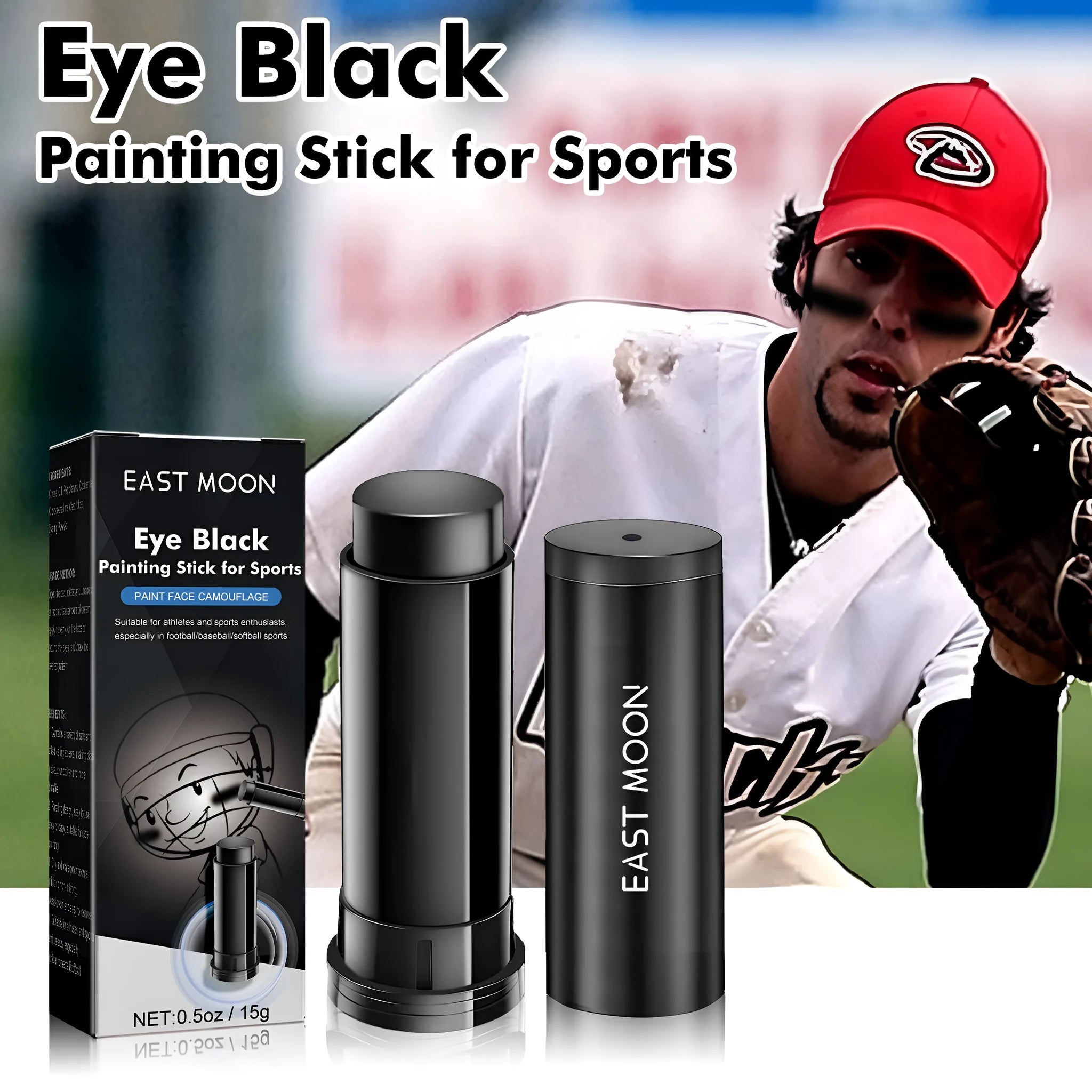 Sports Eye Black Paint Stick in packaging, 15g net content, for athletic facial marking.