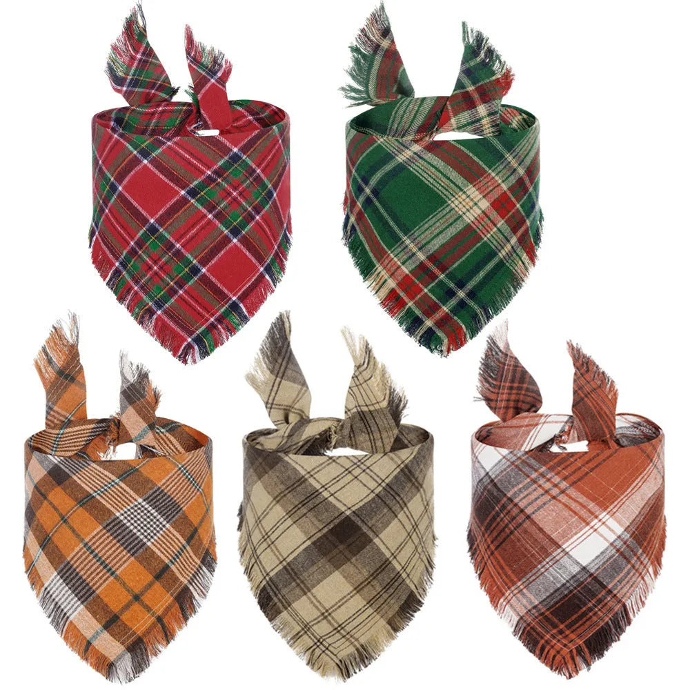 Plaid triangle dog bandana with tassels in autumn colours like orange and brown