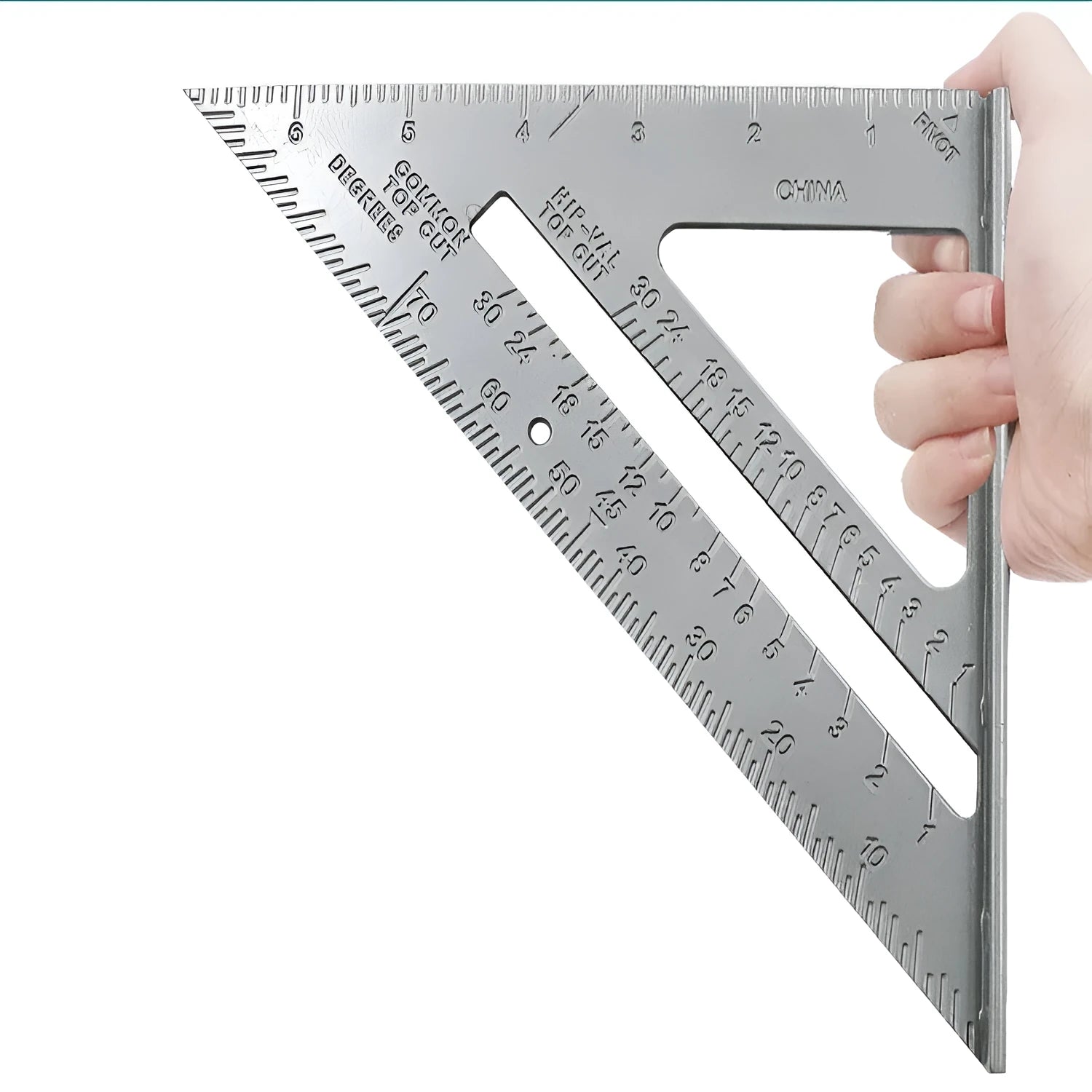 Aluminium alloy woodworking measuring square showing 90-degree angle and 0.1mm graduation markings