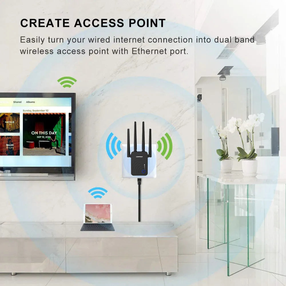 AC1200 dual band WiFi range extender with four antennas and four Ethernet ports in black colour
