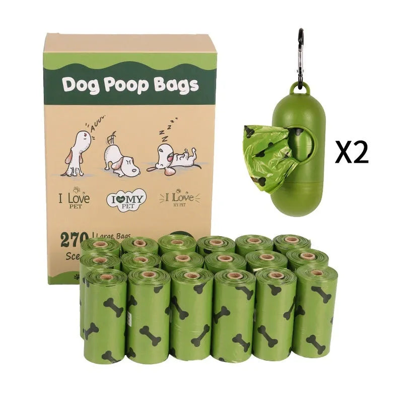Roll of military green degradable dog poop bags with black bone print, showing bag size of 23x33cm.