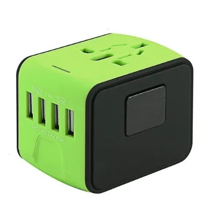 Multi-function travel socket adapter with USB charger, PC shell, black, 66x53x52mm, 4 socket holes for global use