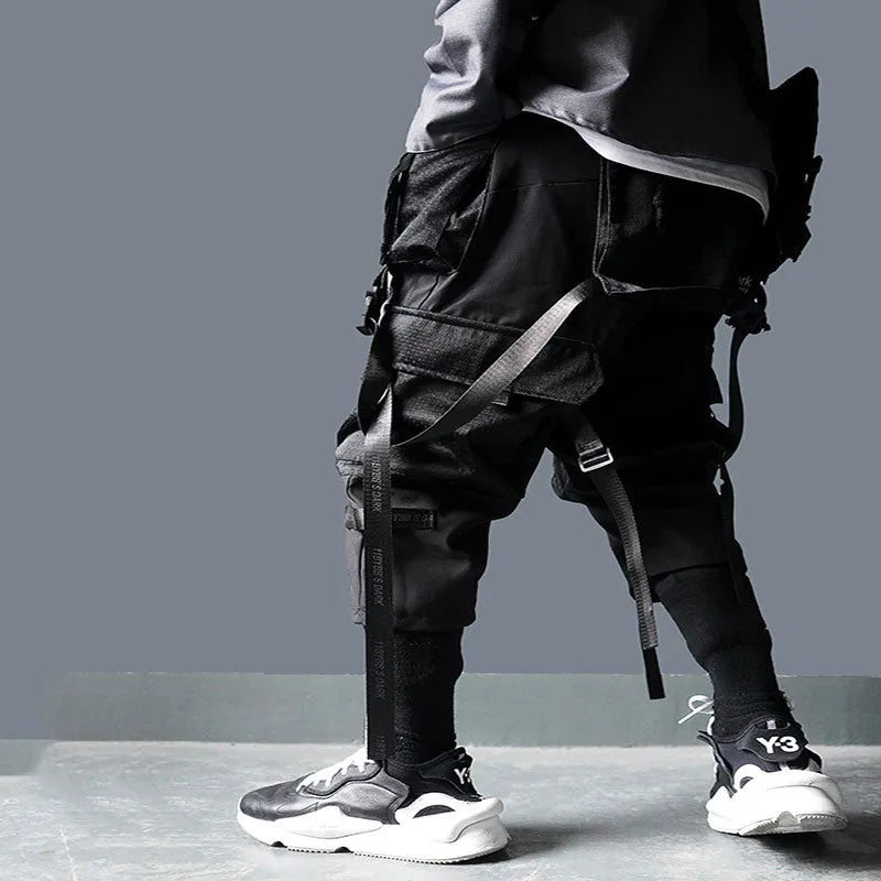 Men's black cotton linen multi-pocket tactical trousers with cargo pockets