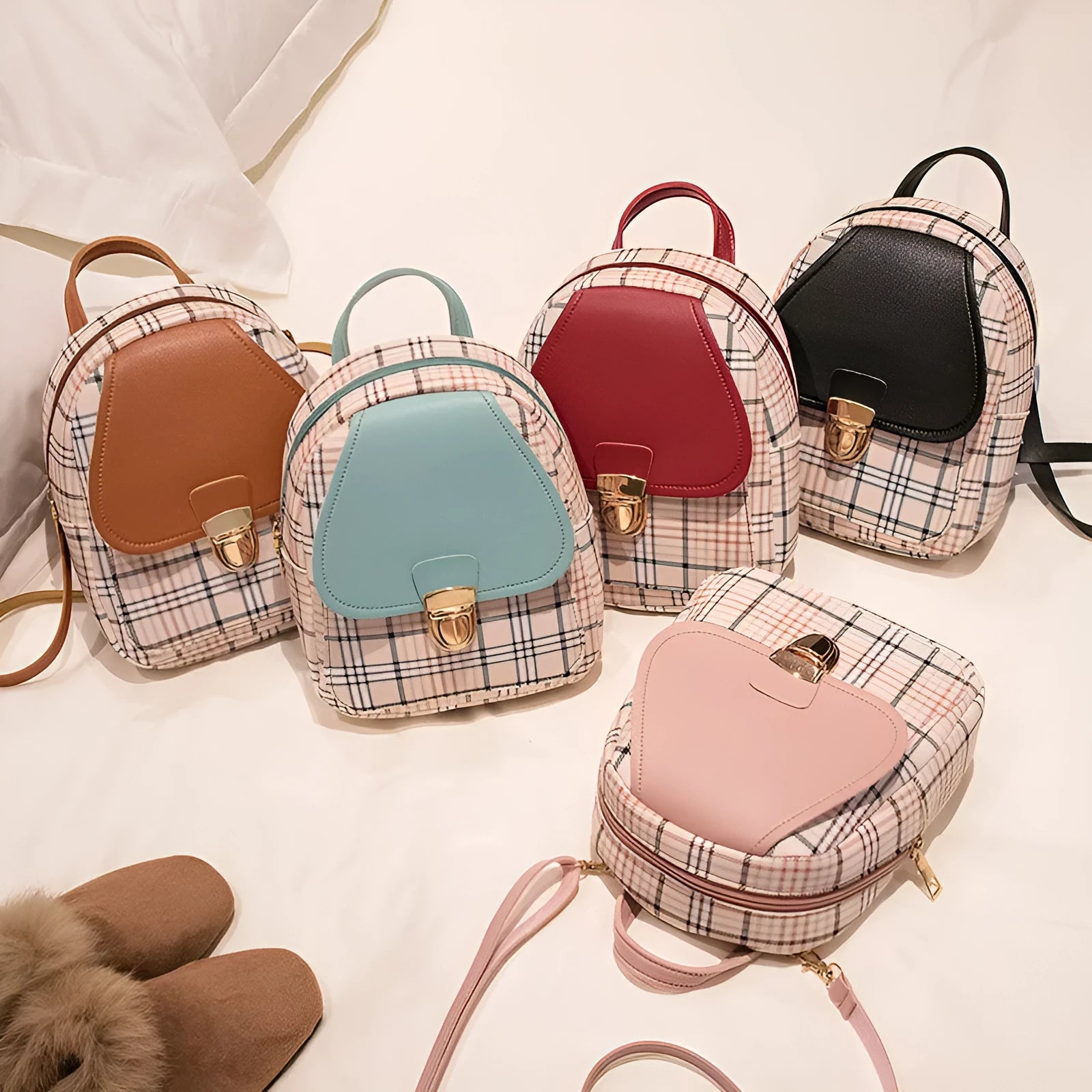 One shoulder diagonal phone bag in PU fabric shown in available colours: black, blue, brown, pink, red.