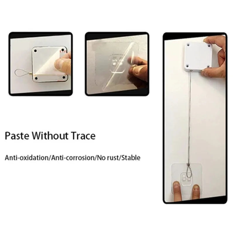 White automatic door closer with adhesive mount and tension adjuster for no-drill installation on doors.